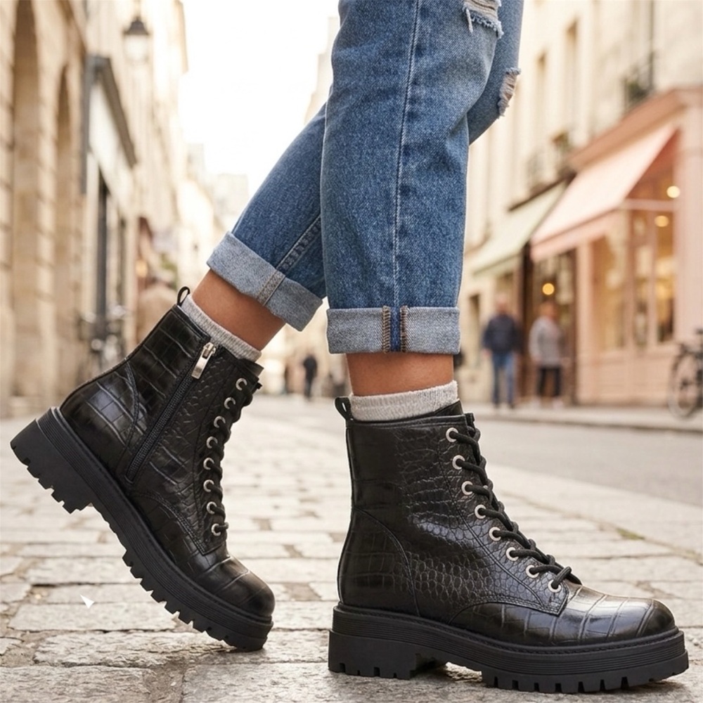 Nine West Piercy Combat Lace Up Ankle Boots Womens Sz 9 M Black Side Zip Grunge